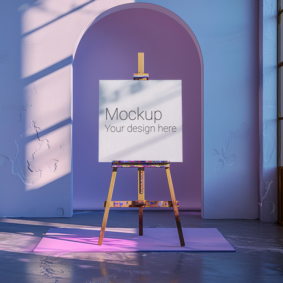 3d mockup of a canvas easel in a room with a window psd