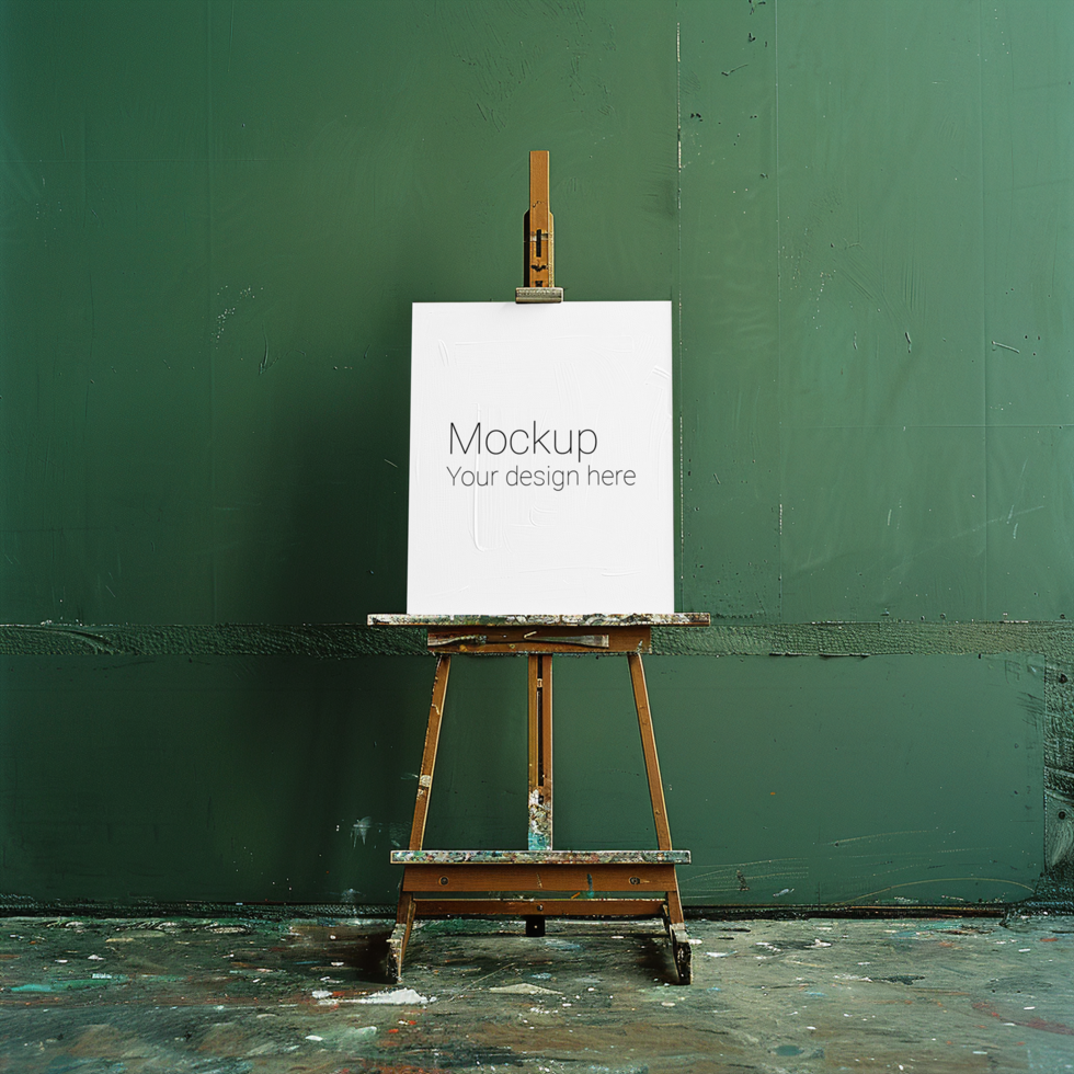 Mockup of a canvas on an easel in a room with a green wall psd