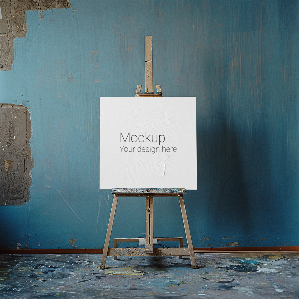 Mockup of a canvas on an easel in a room with a blue wall psd