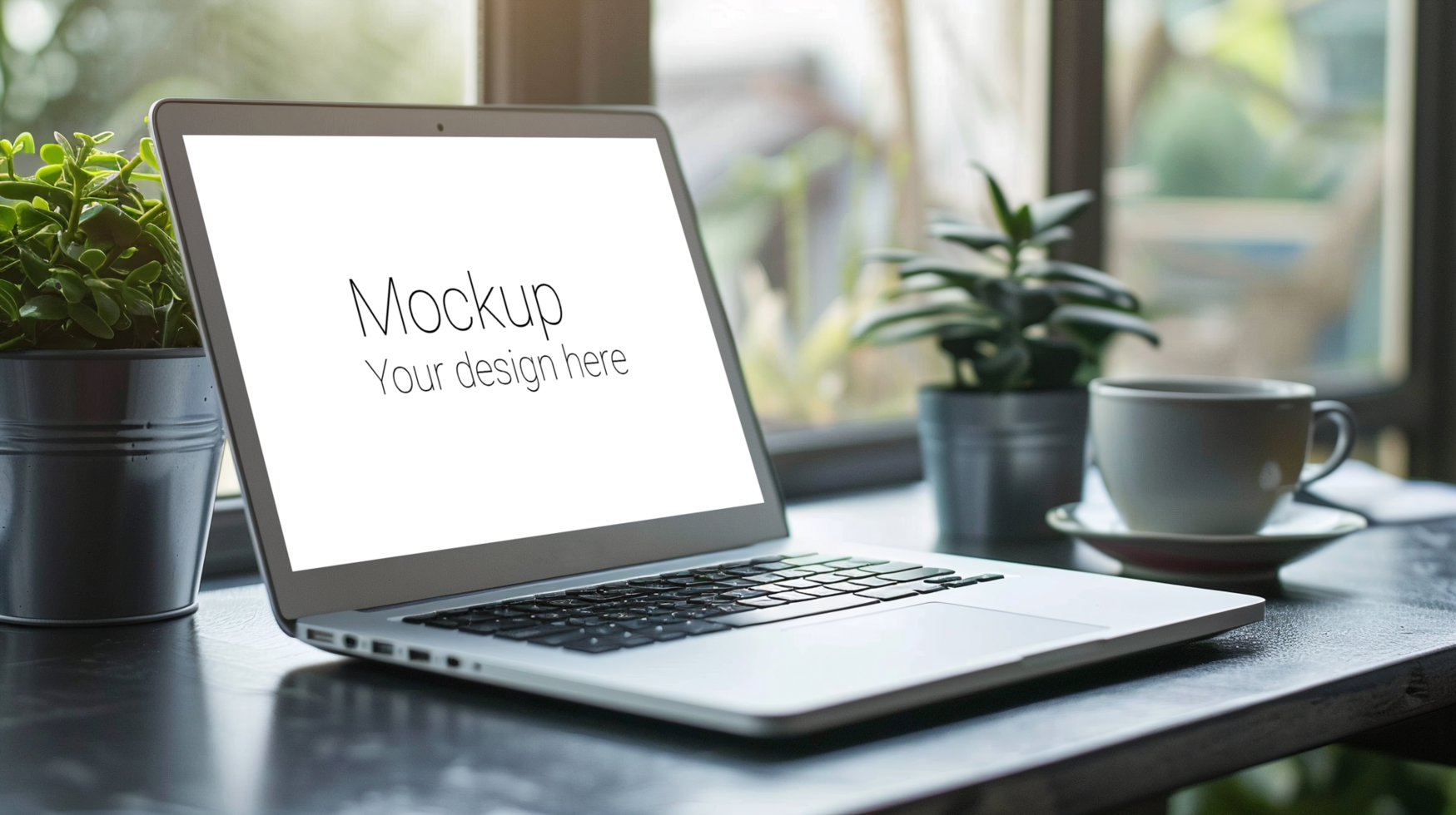 Laptop mockup on a window sill psd