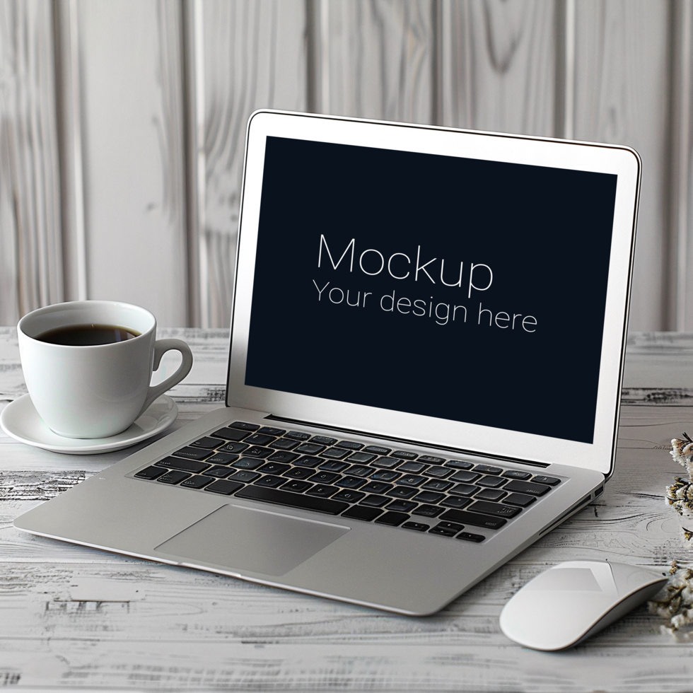 Laptop mockup on wooden table psd