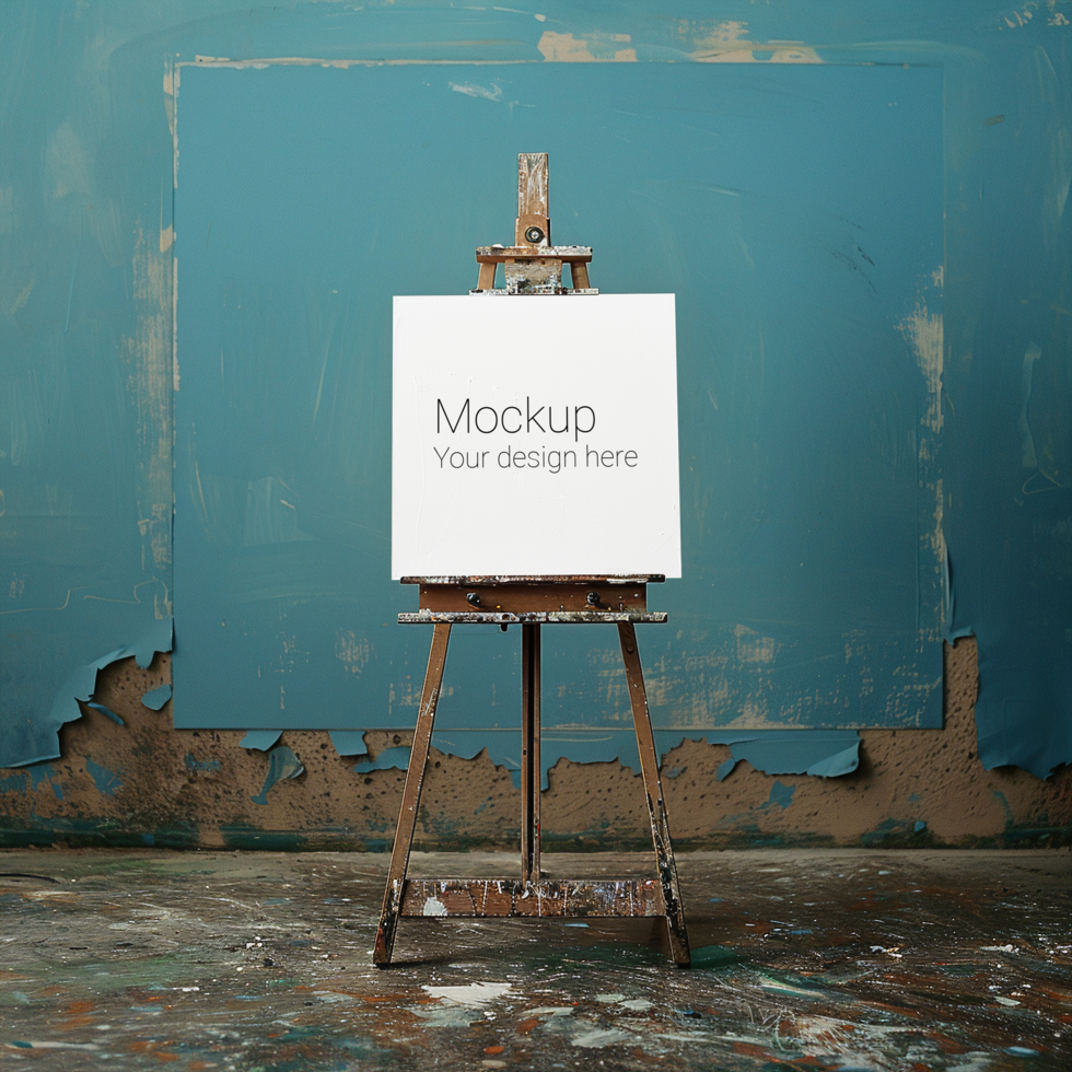 Mockup of a canvas on a easel in a room with a blue wall psd