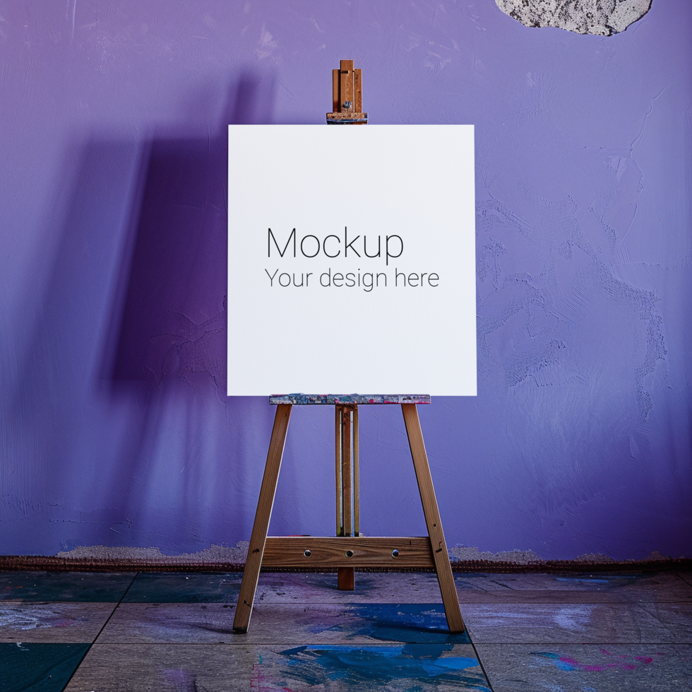 Mockup of a canvas on an easel in a purple room psd