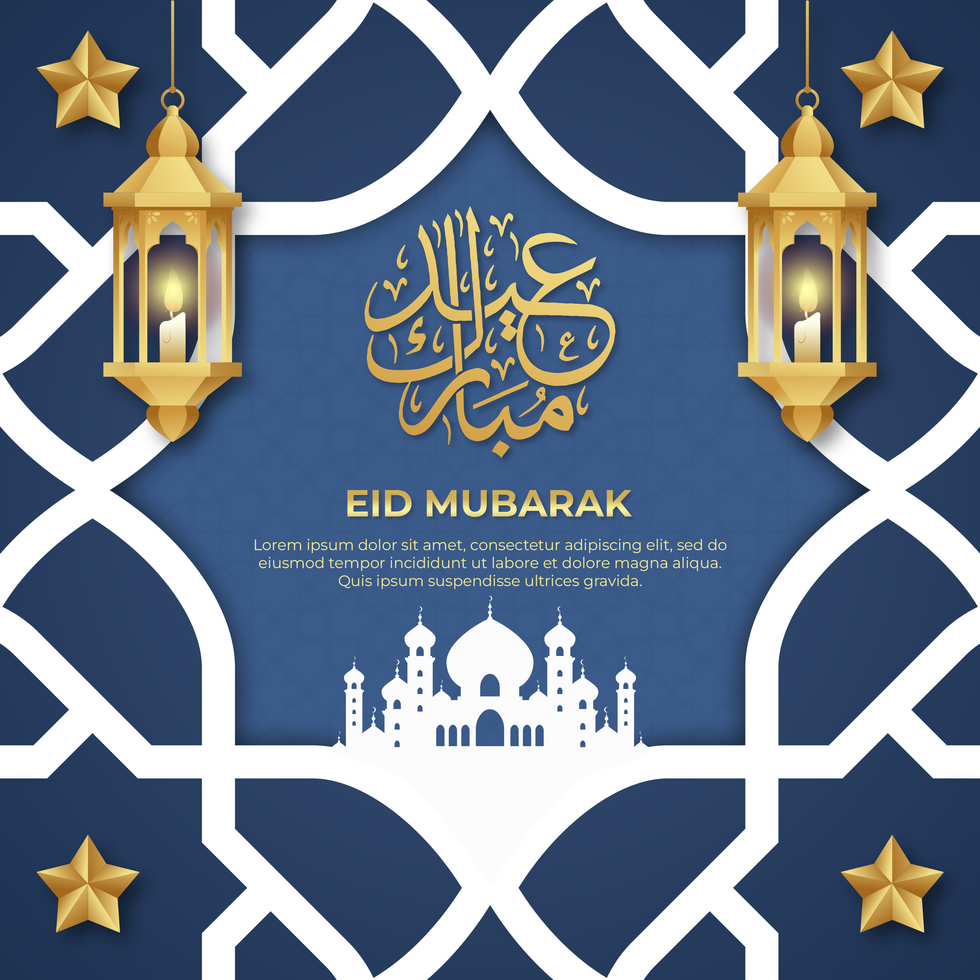 Eid Mubarak Blue Luxury Elegant Design Greeting Post Card Template psd