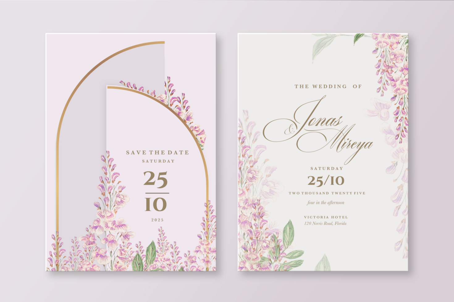 Geometric Wedding Invitation Template with Pink Hyacinths psd