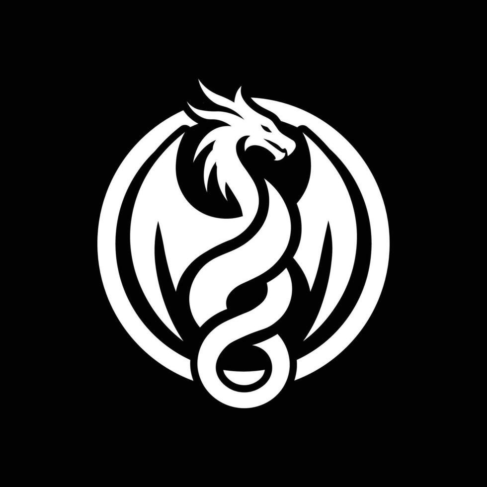 Stylized White Dragon in Circle logo or icon on Black Background vector