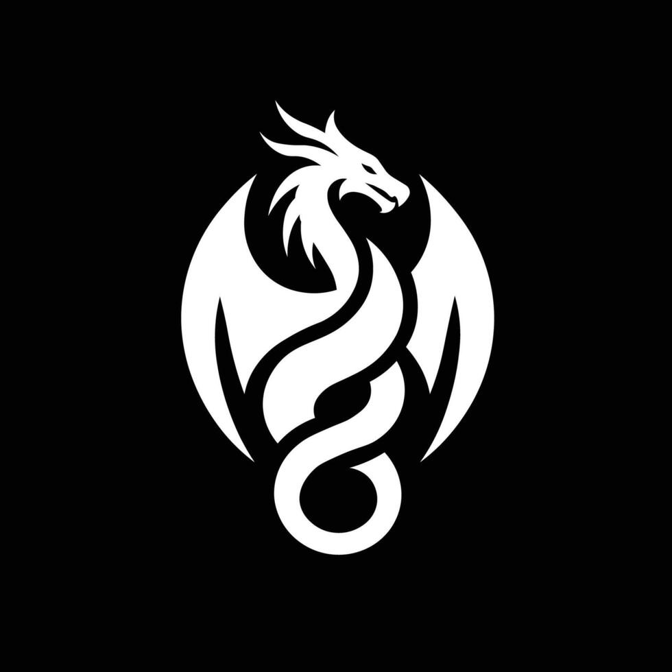 Stylized White Dragon logo or icon on Black Background vector