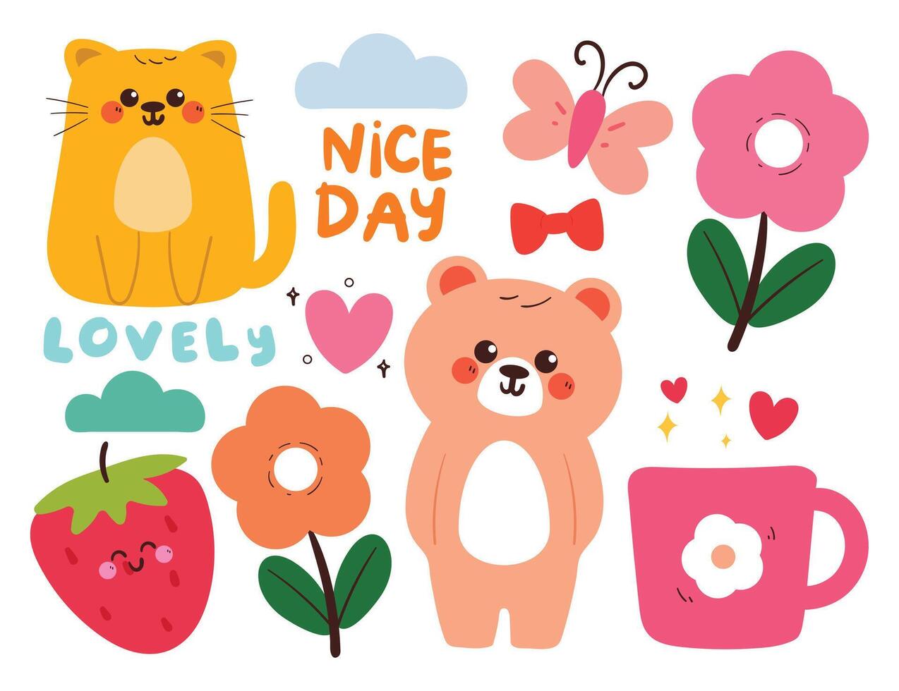 hand drawing cartoon kawaii sticker set. cute sticker, doodle set with animal and plant vector