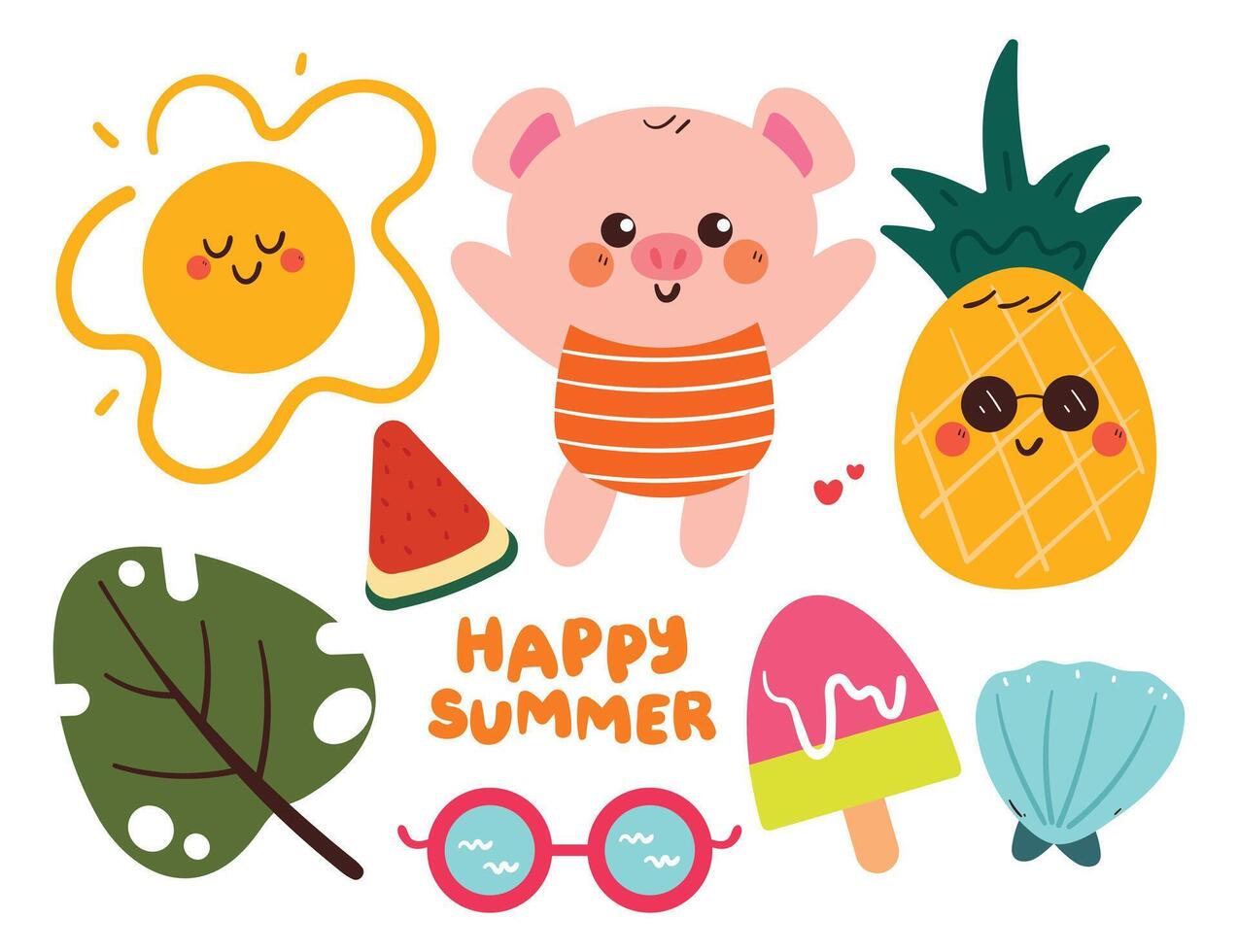 hand drawing cartoon summer sticker set. cute sticker for summer season, doodle set vector