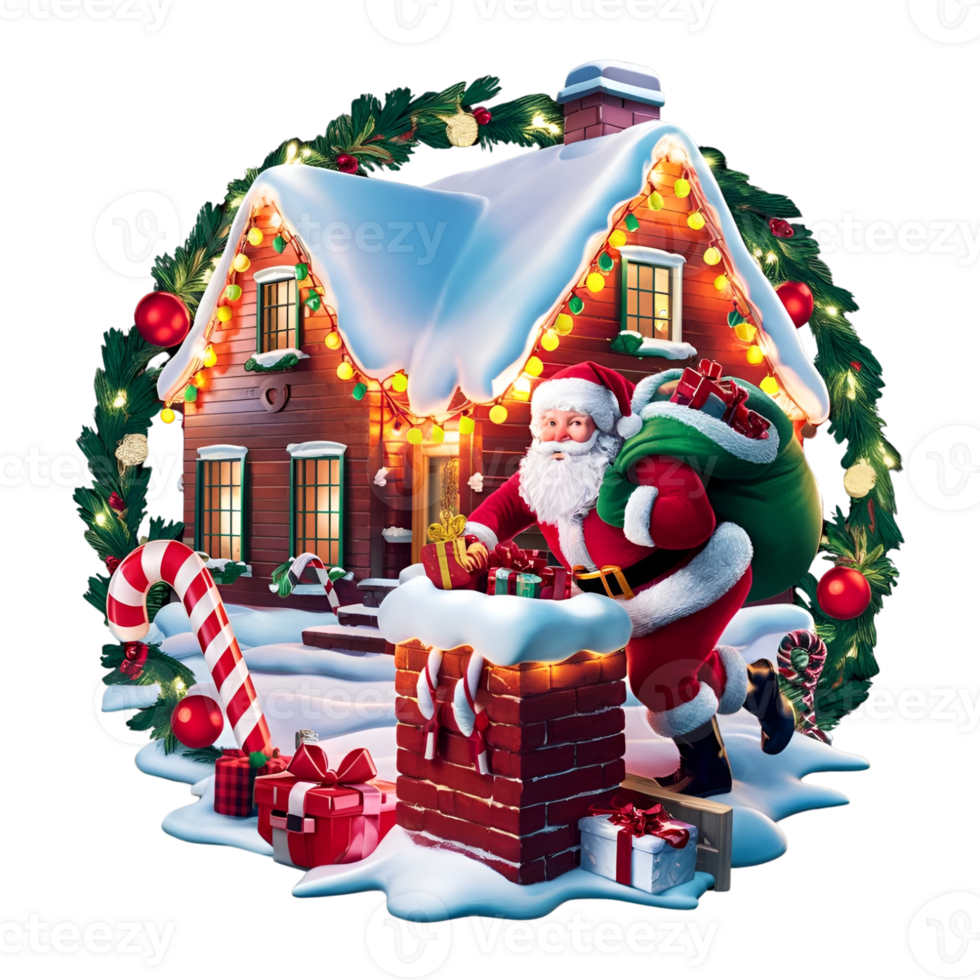 A smiling Santa Claus is seen climbing down a chimney with a sack full of presents. png