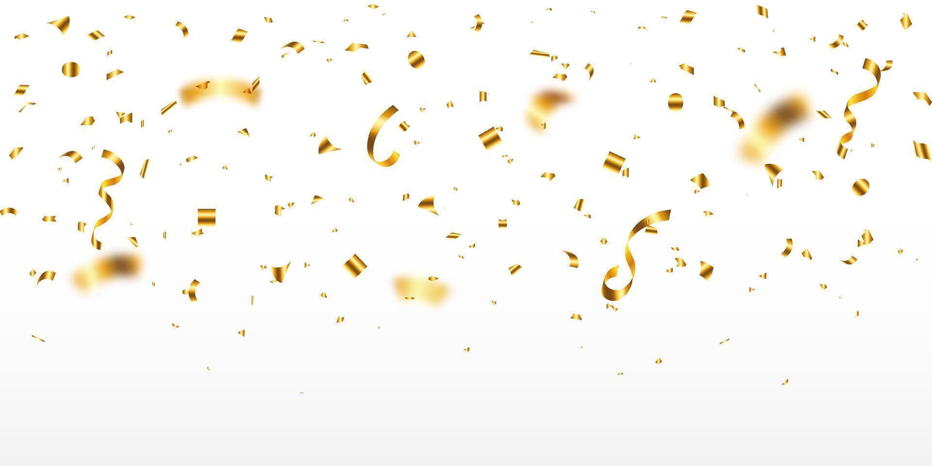 Golden confetti and zigzag ribbon falling from above streamer, tinsel vector