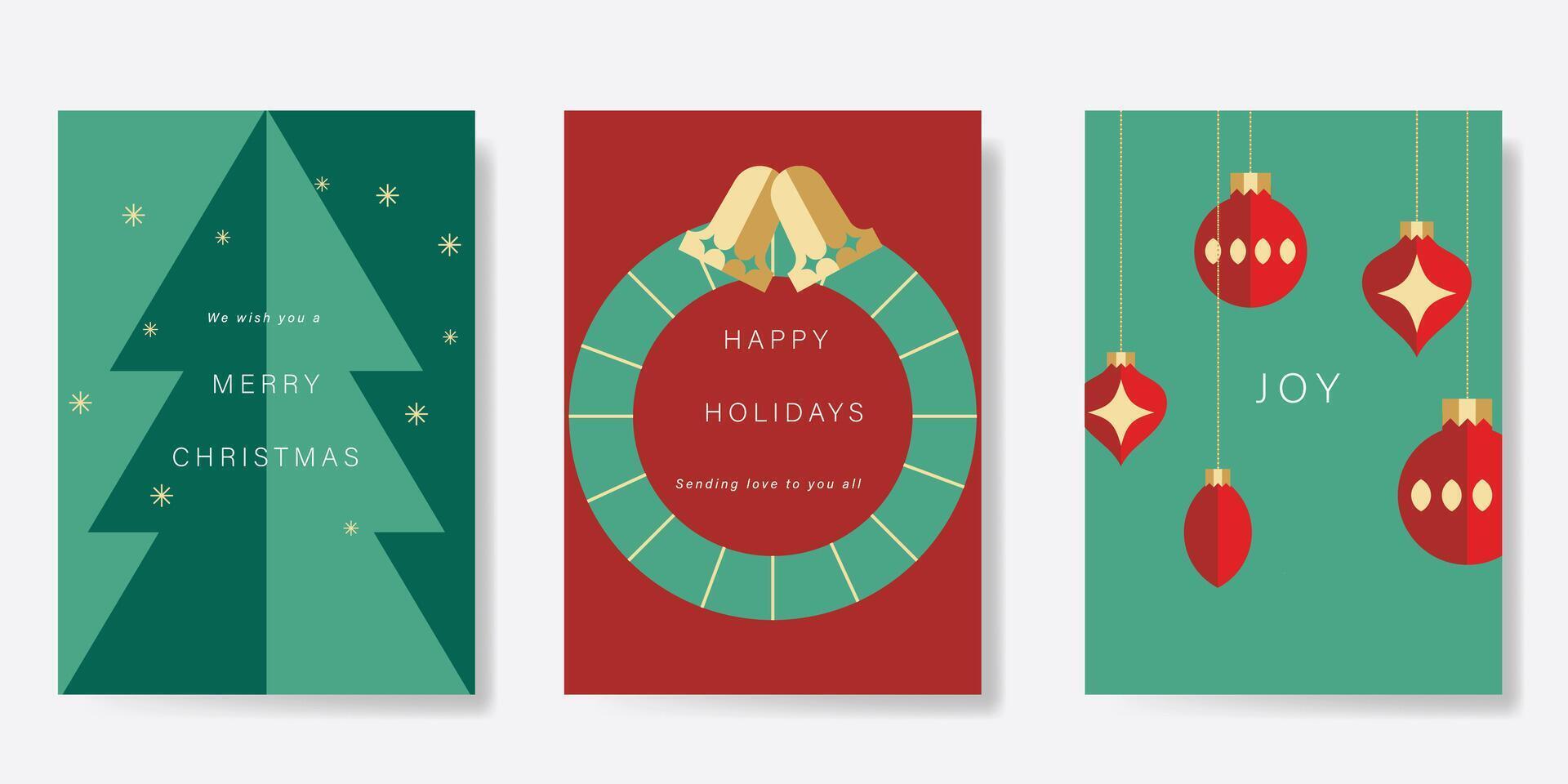 Set of Merry christmas background cover . Elements of christmas tree, wreath, hanging ball on green and red background. Design for banner, card, cover, poster, advertising. vector