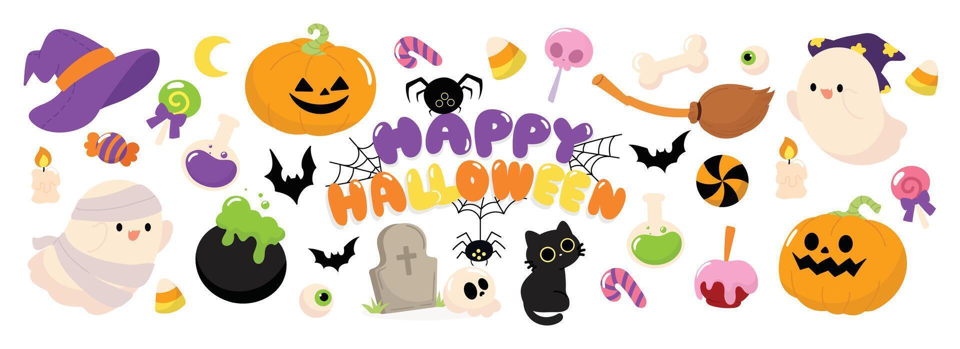 Happy Halloween day element background . Cute collection of spooky ghost, pumpkin, bat, candy, skull, spider, cat, cobweb. Adorable halloween festival elements for decoration, prints, sticker. vector