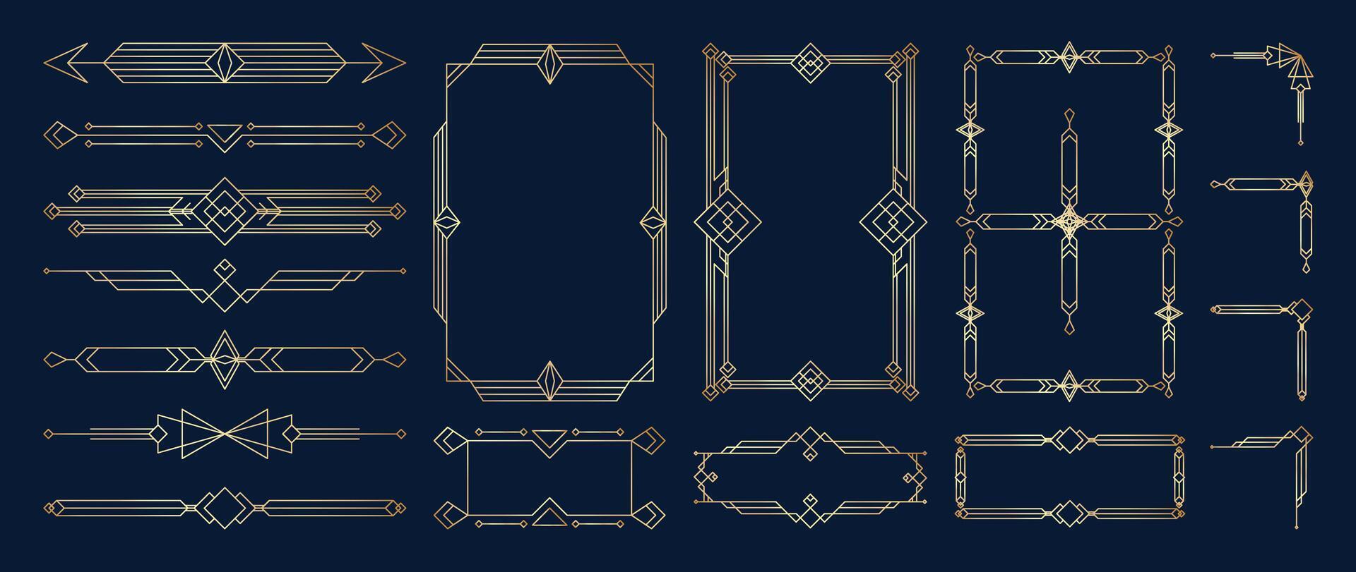 Collection of geometric art deco ornament. Luxury golden decorative element with different line, frame, headers, dividers, borders, gatsby. Set of elegant design suitable for card, invitation, poster. vector