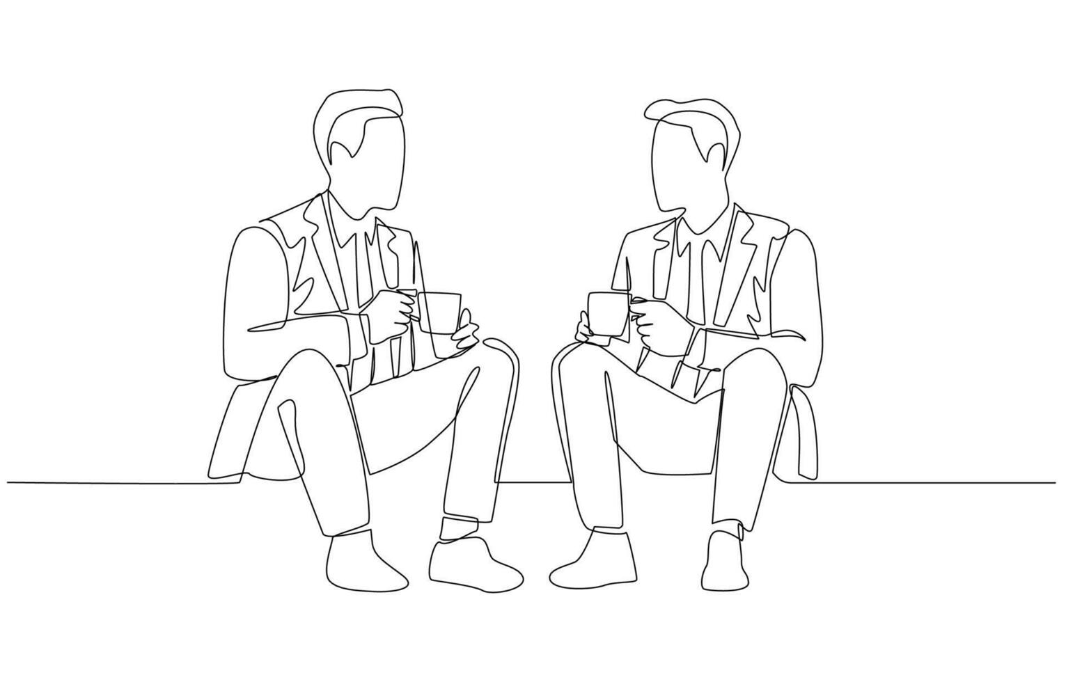 Continuous one line drawing of two businessmen chatting amicably during a coffee break, rest break at work concept, single line art. vector
