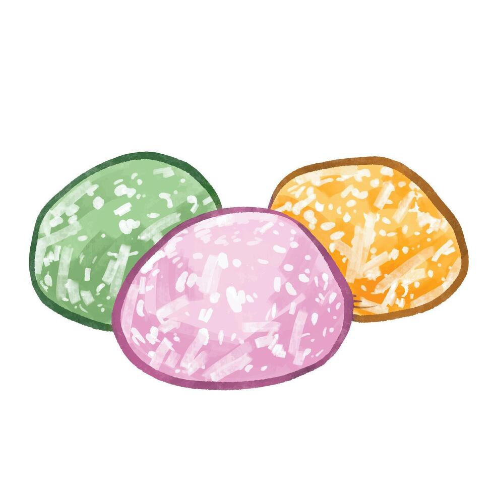 Melon, strawberry, and mango colorful mochi illustration isolated on square white background. Colorful illustration with cartoon art styled drawing. vector