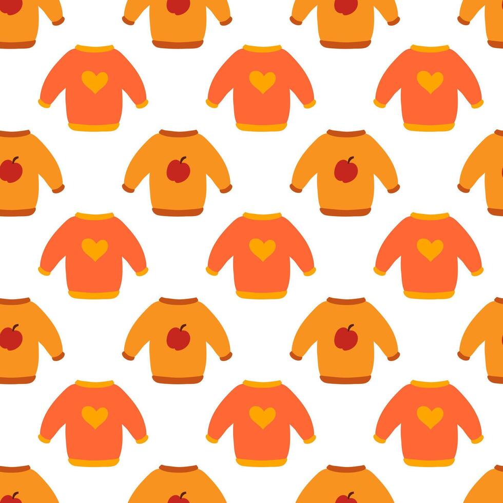 Seamless pattern. Autumn sweater with apple and heart design. Cozy fall background. flat illustration. vector