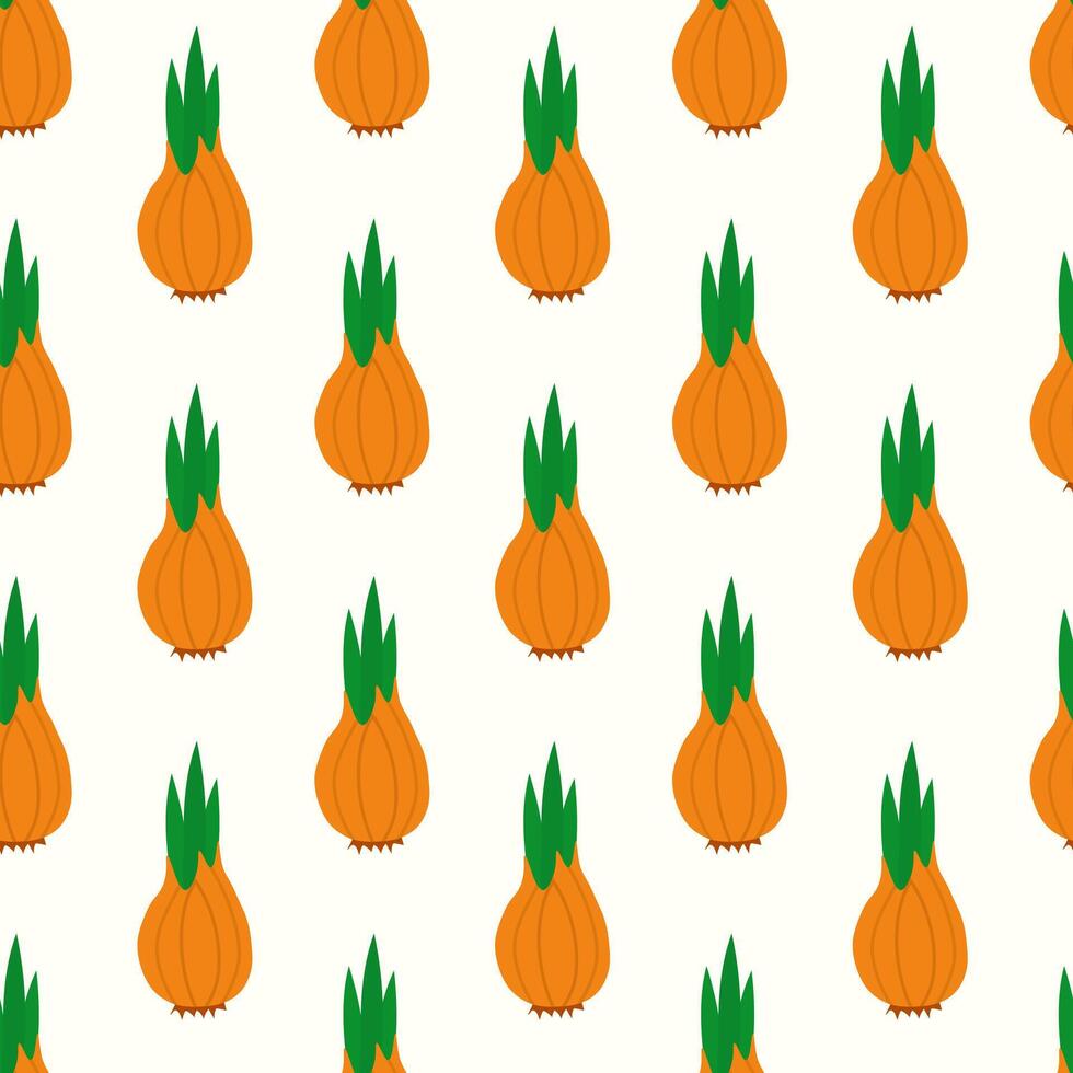 Ripe raw onion vegetable Seamless Pattern. Whole veggie food. Bulb with sprouted green leaves. Flat illustration. vector