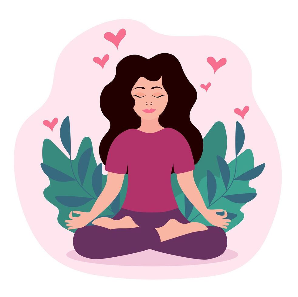 Beautiful girl doing yoga with leaves and hearts. International yoga day. Flat Illustration. vector