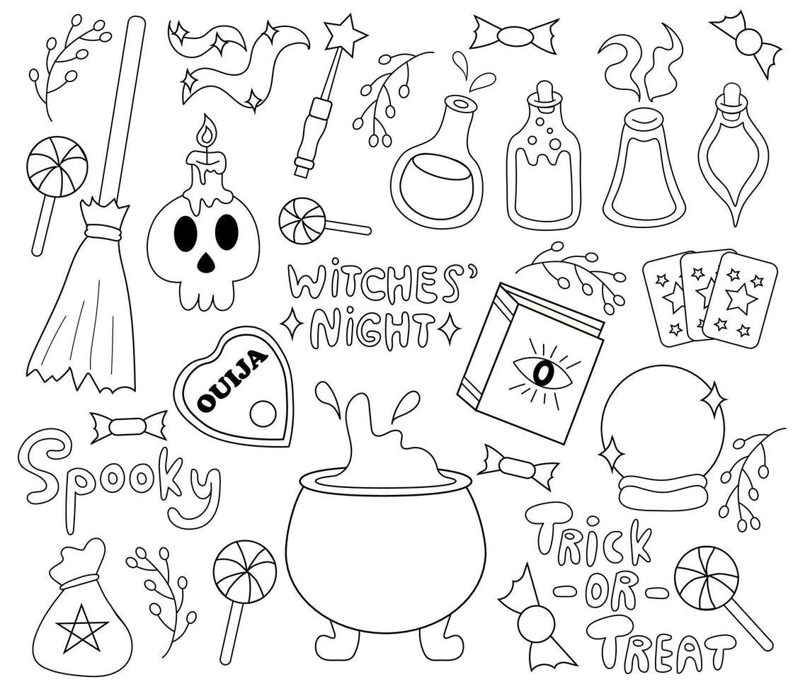 Halloween element set. Outline Line Art. Cauldron, poison bottles, ouija, magic book, tarot, magic ball, broomstick, skull, candle, magic wand. Text lettering Trick or treat, Spooky, Witches night. vector