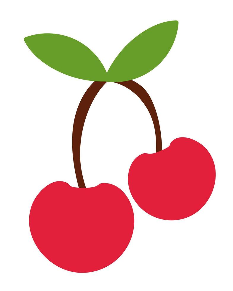 Two red cherries on the branch with leaves. Fruit flat illustration. vector