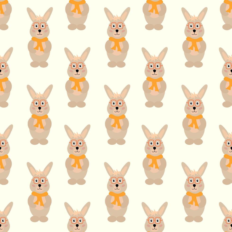 Seamless pattern of cute cartoon Rabbit with scarf and glasses. Cozy autumn background. flat illustration. vector