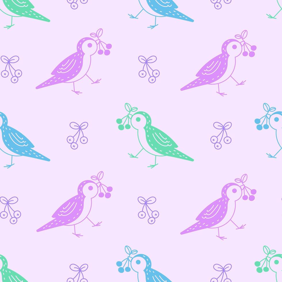 Cute Pastel Birds with Berries Seamless Pattern vector