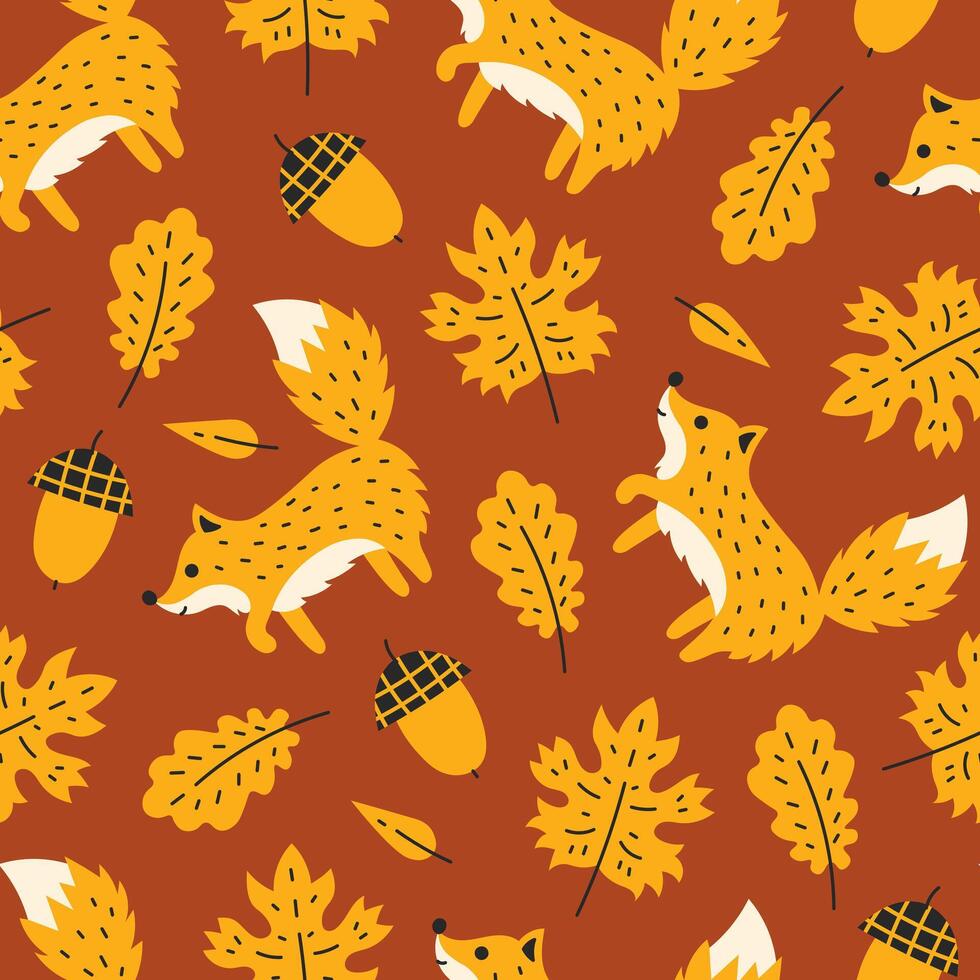 Fall Seamless Pattern with Fox Leaf Acorn vector