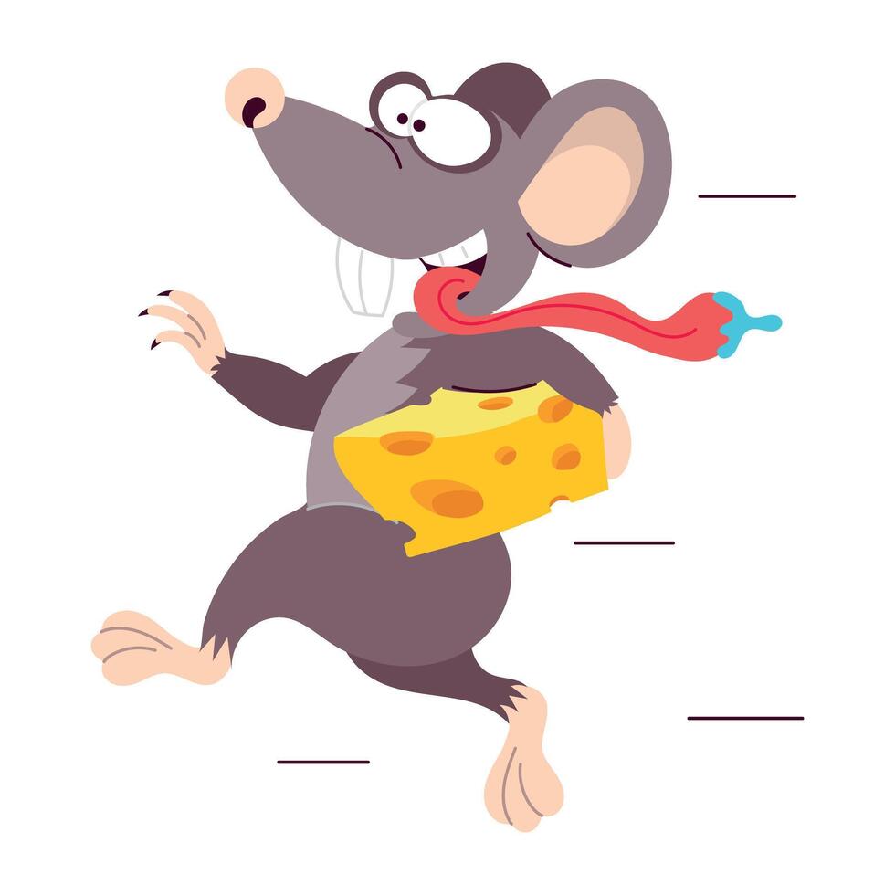 Basic Comic style sticker of thief rat running with cheese RGB vector