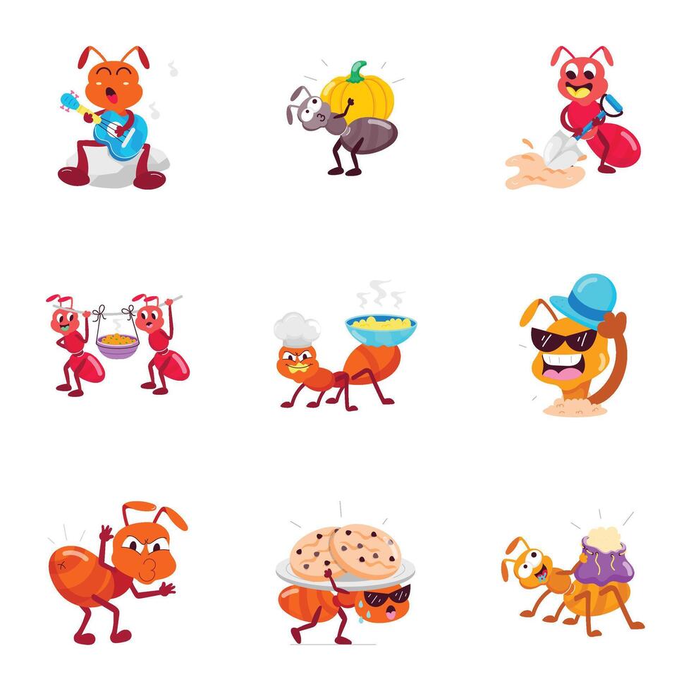 Pack of Funny Ant Flat Stickers vector