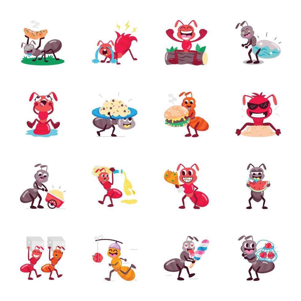 Set of Cute Ant Actvities Cartoon Style Stickers vector