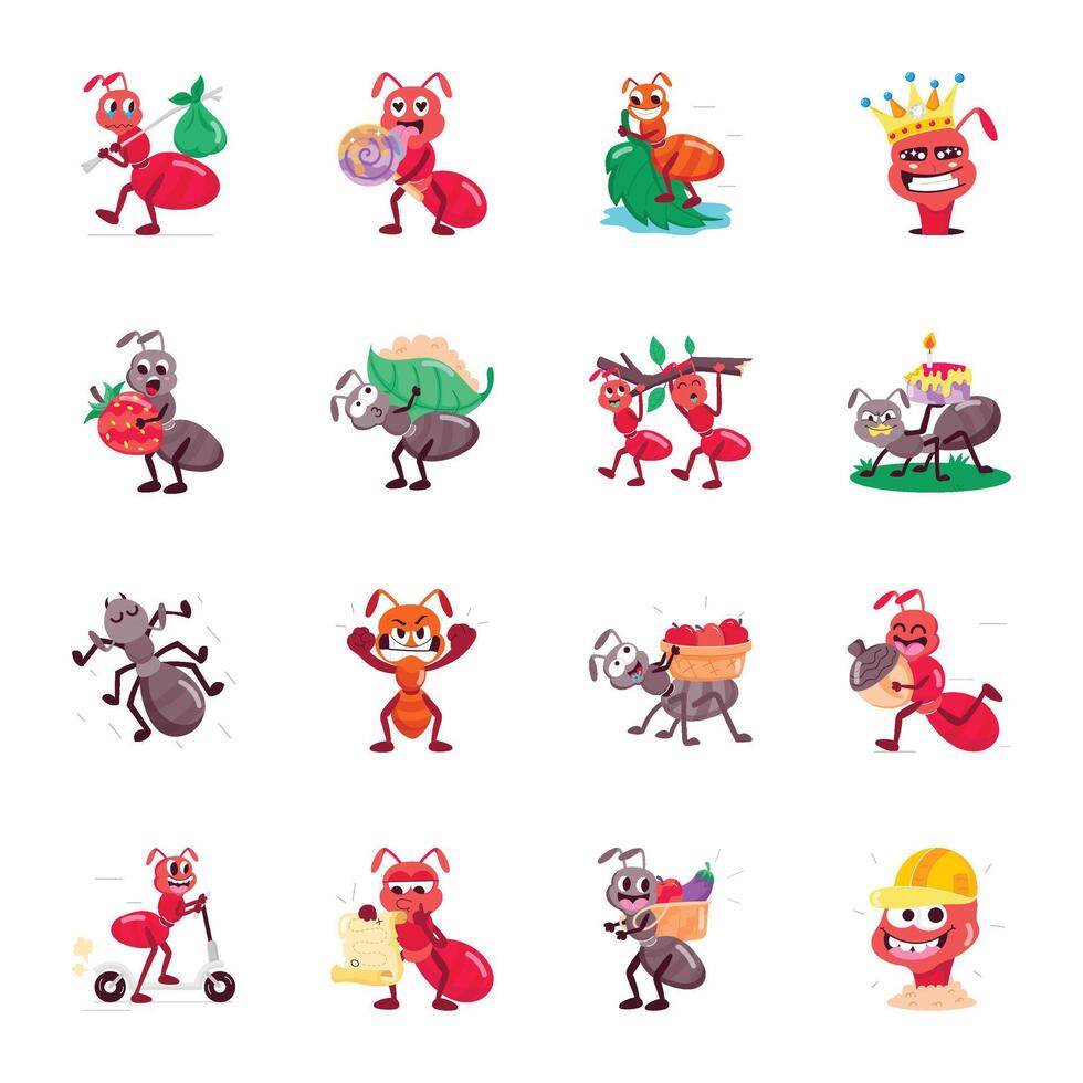 Bundle of Ant Mascot Flat Stickers vector