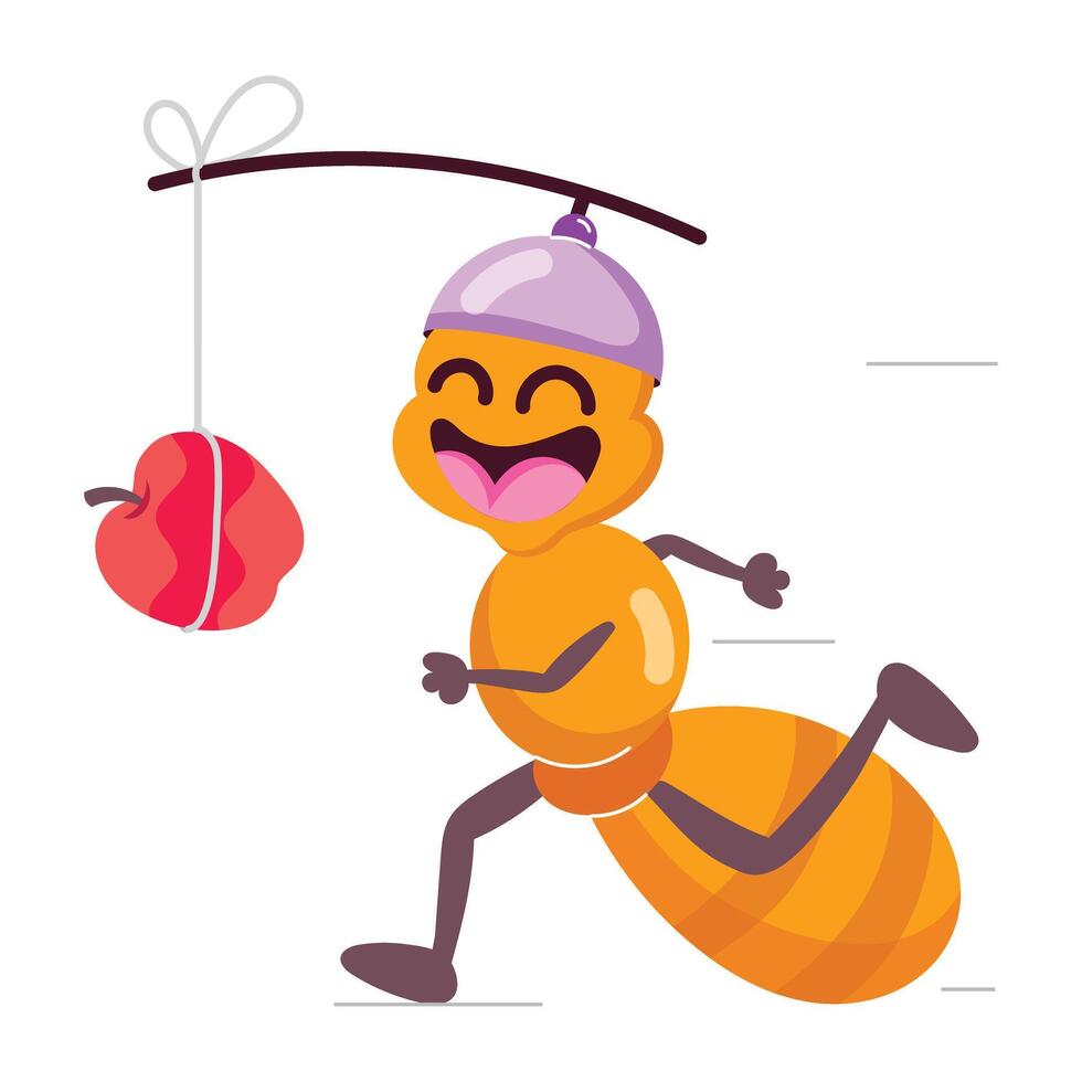 Cute ant chasing apple, flat sticker vector