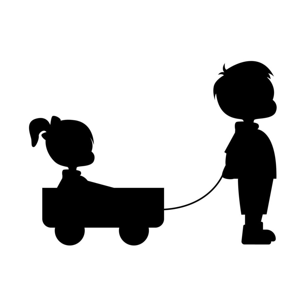 Kid is playing with his little sister, cute boy and girl is playing together silhouette vector