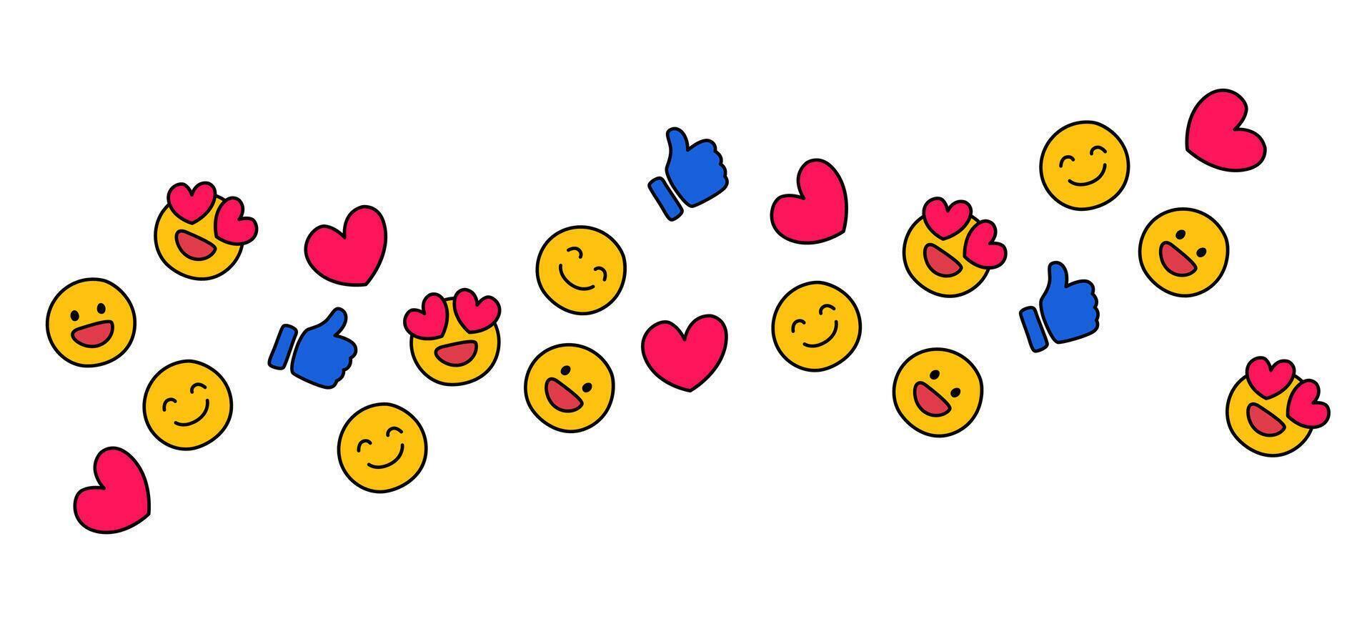 Like, love, emoji, social media reaction, collection of emoji reactions hand drawn, a bunch of social media icons vector