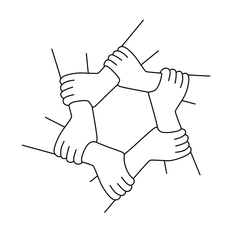Group hands, human hands holding together, team spirit concept, growing the company together vector