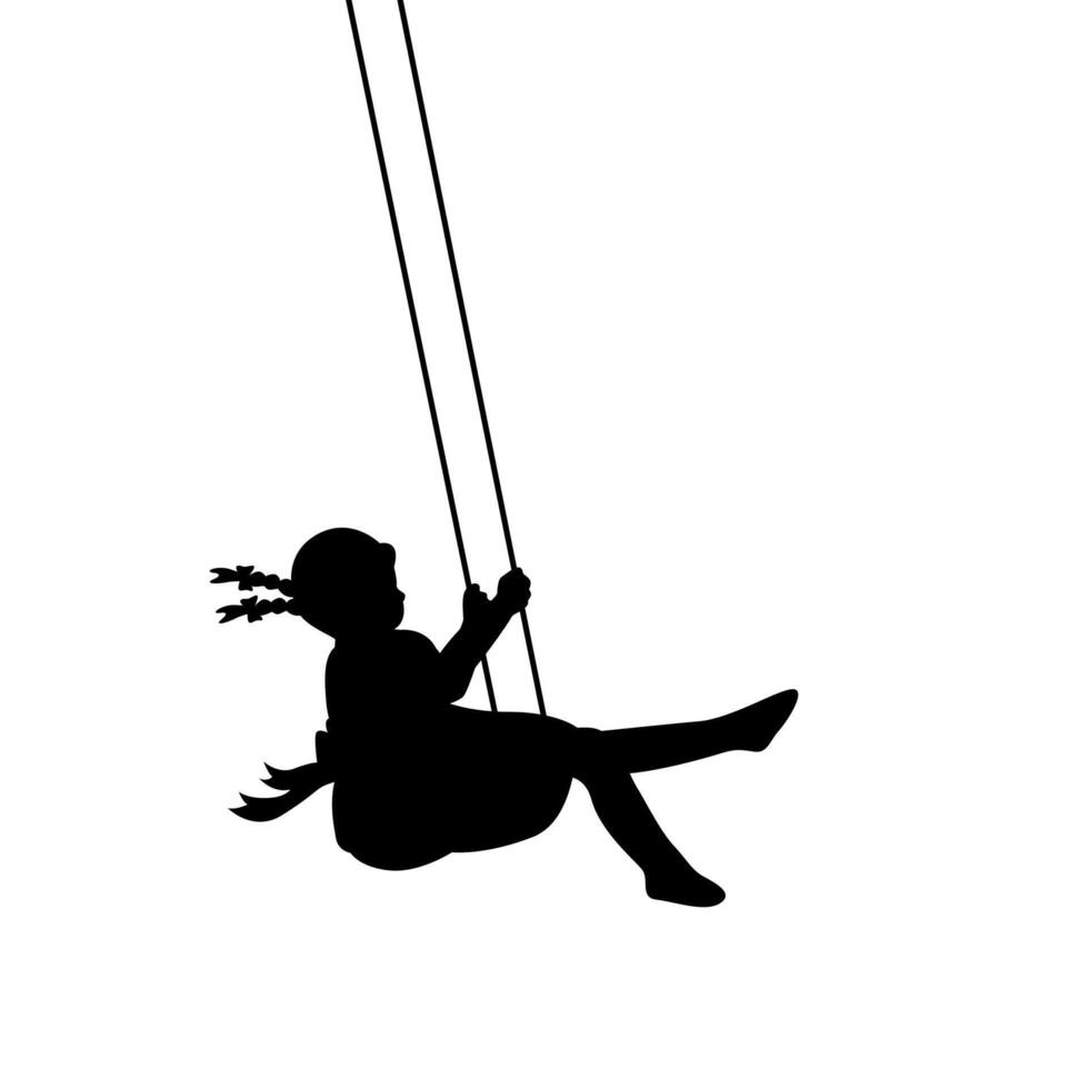 Kid swinging silhouette, cute little girl on swing silhouette vector