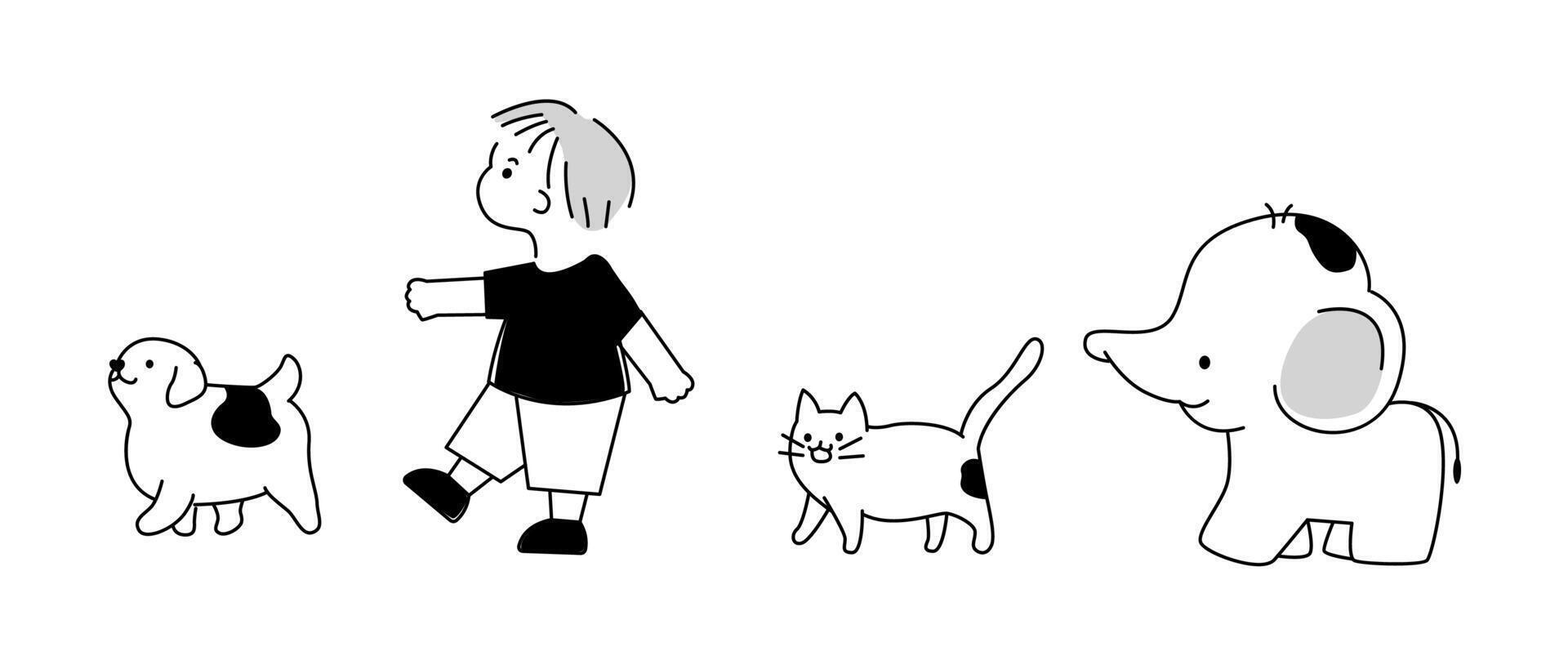 Cute boy walking with dog, cat and elephant illustration vector