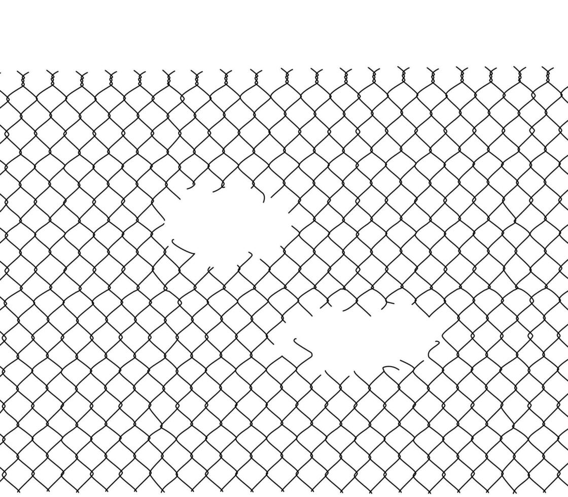 Hole in the mesh wire fence, hole in a chain-link fence, broken wire mesh fence vector