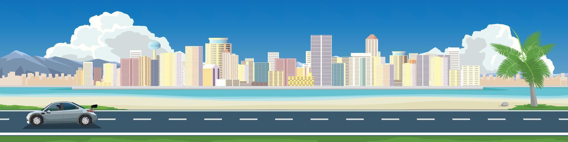 Horizontal and landscape of asphalt road on the beach. Car with driver travel on the road. with coconut on the beach. Residential and business districts far from the sea. and mountain under the sky. vector