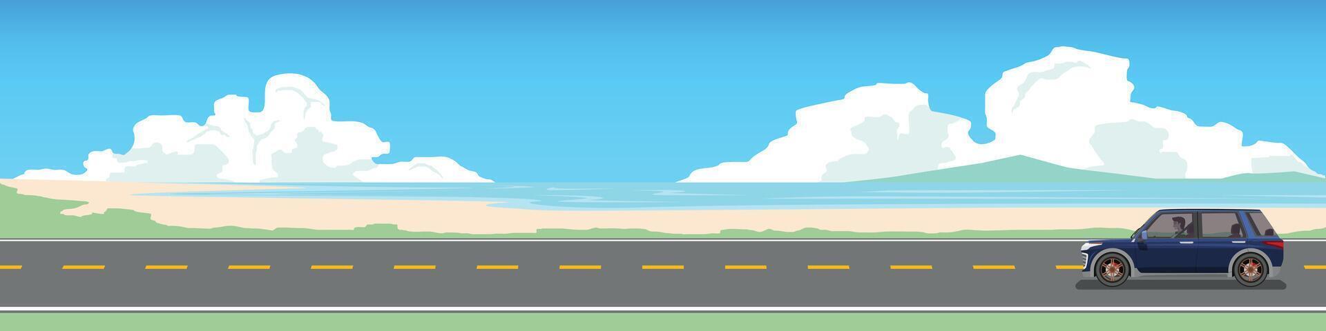Horizontal view or Landscape view of family car travels on asphalt road near the sand beach. Background with beautiful sandy beach at day. vector