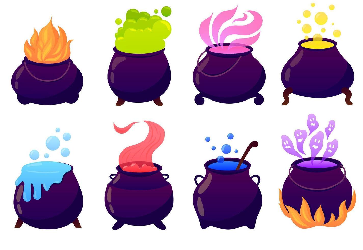 Cauldrons set of illustrations. Witch collection of Halloween kettle with potions. Witchcraft vector
