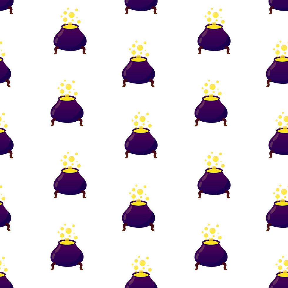 Cauldron with yellow potion seamless pattern. Halloween background, backdrop, wallpaper vector