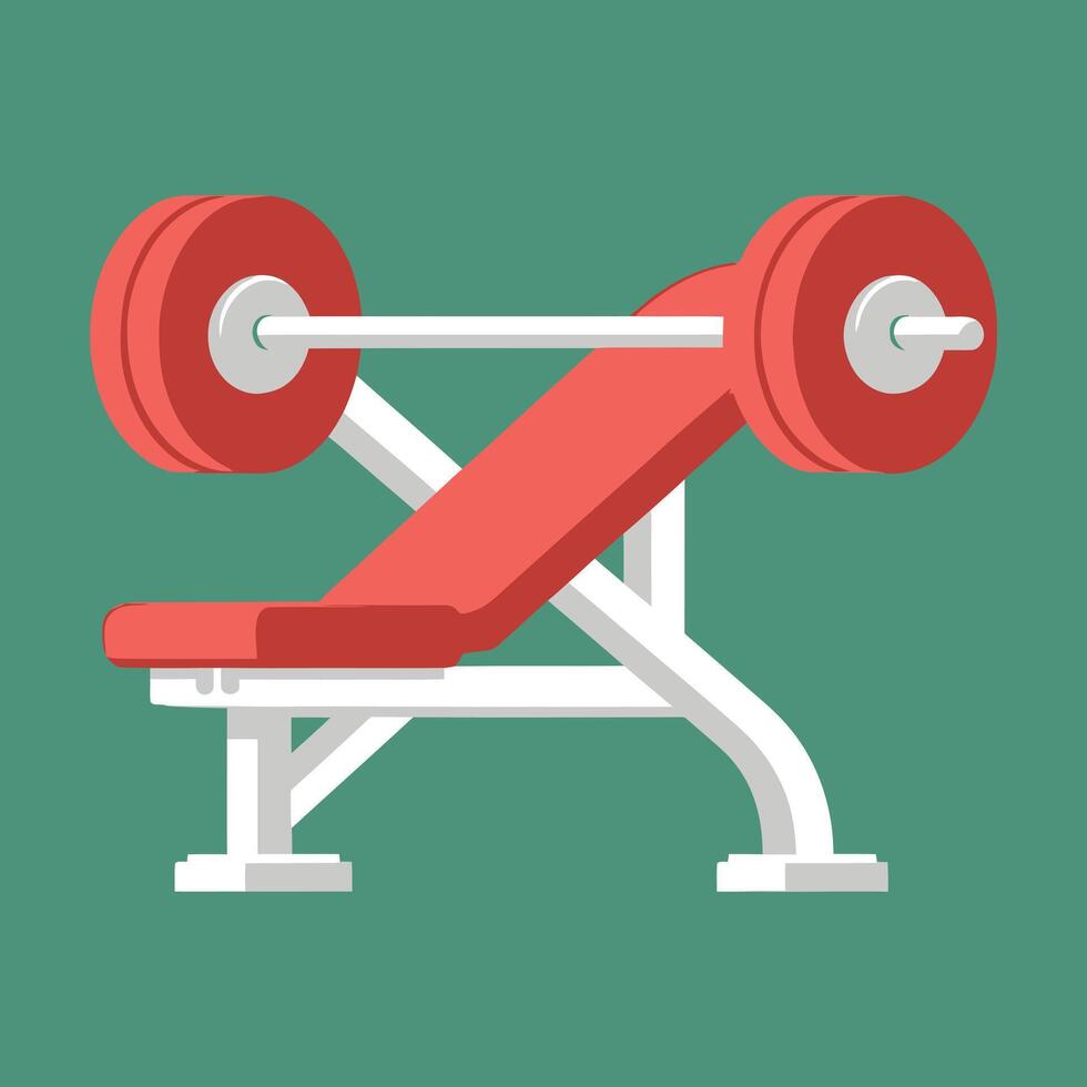 A flat illustration of gym weight bench with barbell isolated on white background vector