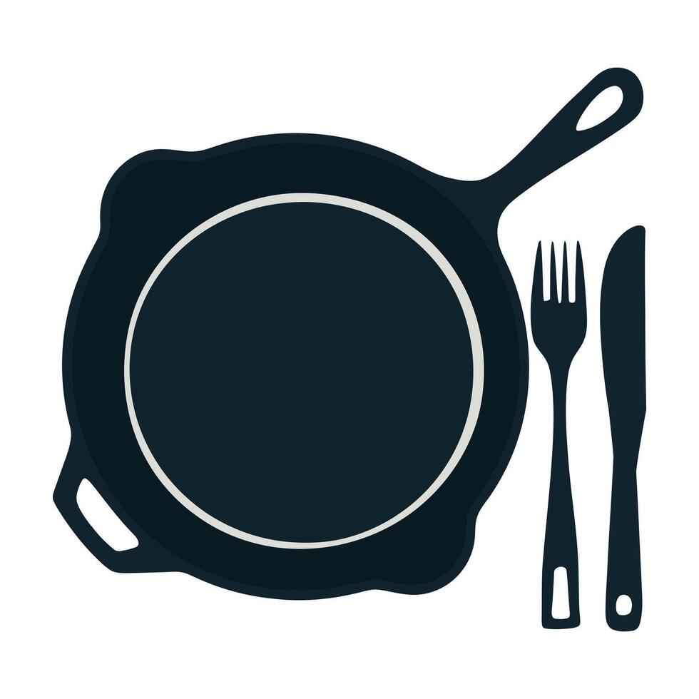 a black skillet with a fork and knife on a white background vector