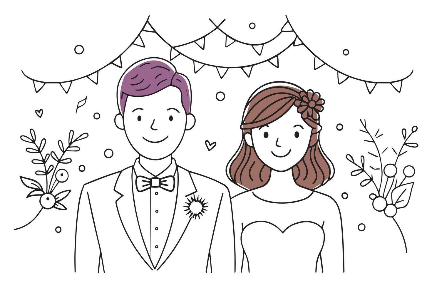 cheerful cartoon illustration depicting a bride and groom, smiling joyfully on their wedding day, surrounded by festive decorations doodle continuous line art illustration. vector