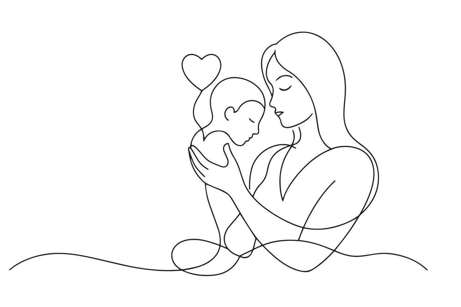 Caring woman embraces a baby while holding a heart, symbolizing affection and maternal love One line continuous line art illustration on white background. vector