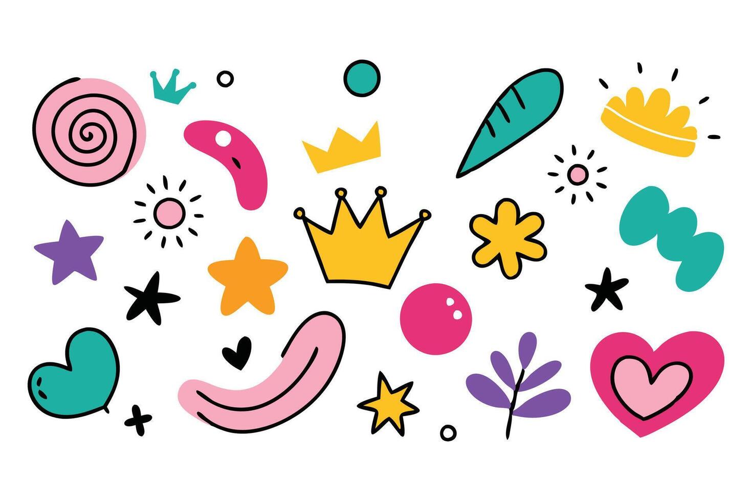 A vibrant collection of doodles featuring hearts, stars, and crowns in various colors, showcasing playful creativity illustration set on white background vector