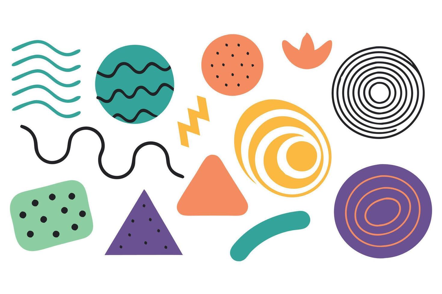 Organic Grunge Bold Shapes, Curved Lines, and Dots - A Memphis-Style Geometric Collection with Hand-Drawn Patterns and Swirled Brush Strokes illustration on white background. vector