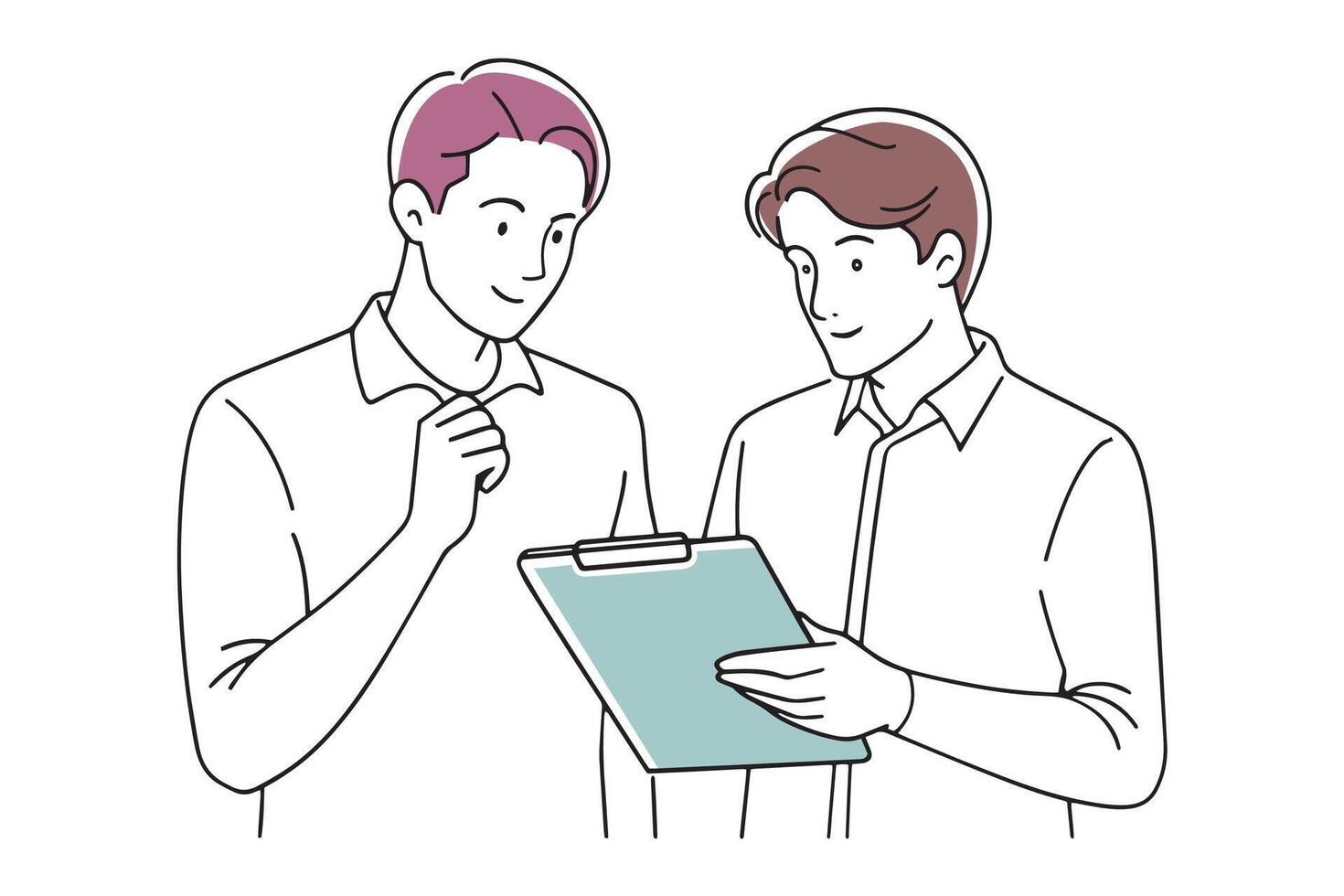 Two men engaged in discussion while reviewing notes on a clipboard, indicating collaboration and communication doodle continuous line art illustration vector